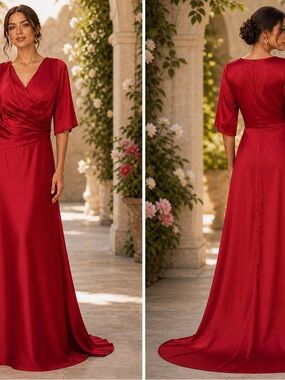 Red Satin Wrap-Detail Maxi Dress – Women
